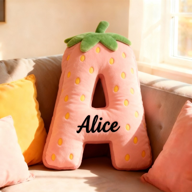 Personalized Cute Strawberry Initial Graphic 3D Print Pillow with Name Christmas Gift for Kids