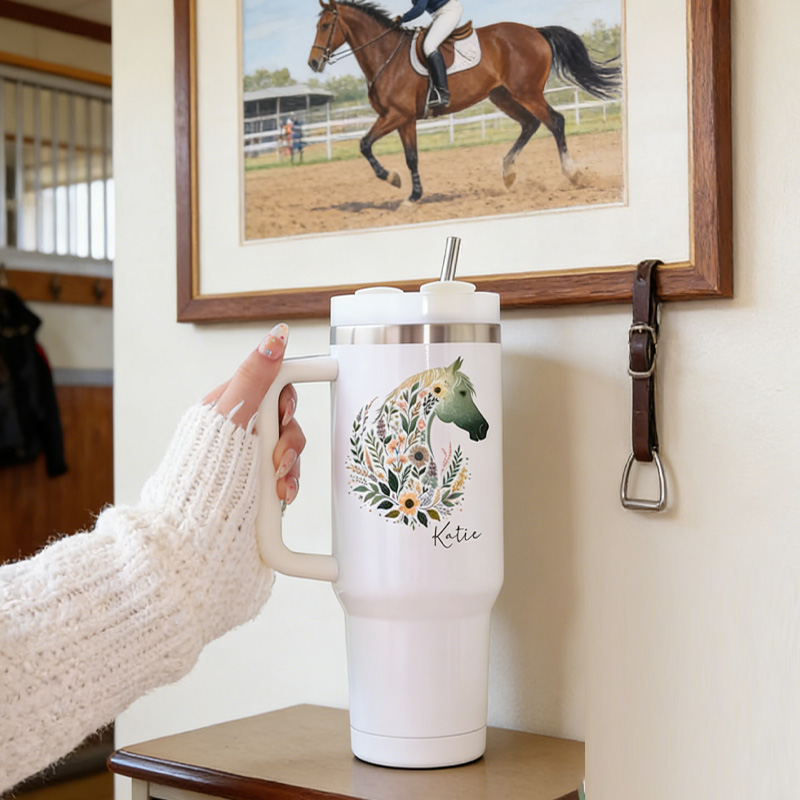 Personalized Boho Floral Horse Tumbler with Handle Travel Trainer Equestrian Gift for Riding Lover