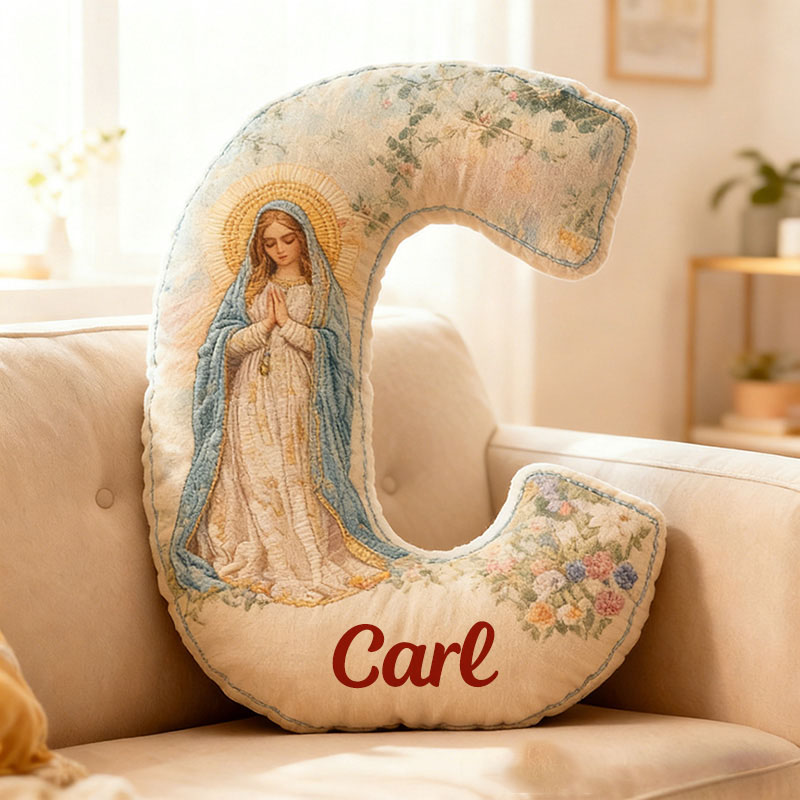 Personalized Virgin Mary Floral Letter Pillow with Custom Name Religious Home Decor Gift Catholic Gift for Her Prayer Gift Graphic 3D Print Pillow