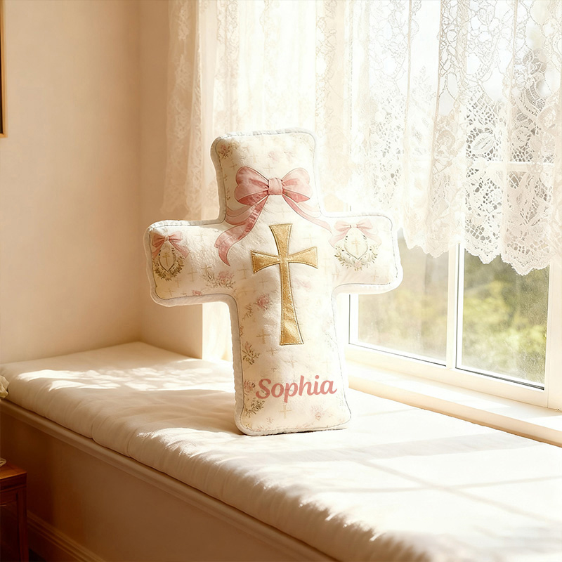 Personalized Bow Wreath Cross Pillow with Custom Name Graphic 3D Print Pillow Home Decor Christian Religious Gift for Kids Girls