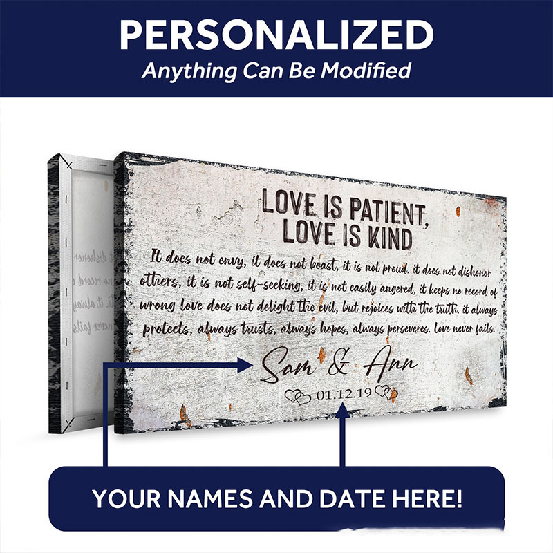 Personalized Love is Patient Love is Kind Canvas Painting with Couple Names Date Religious Gift Wedding Anniversary Gift Valentine Gift for Couple