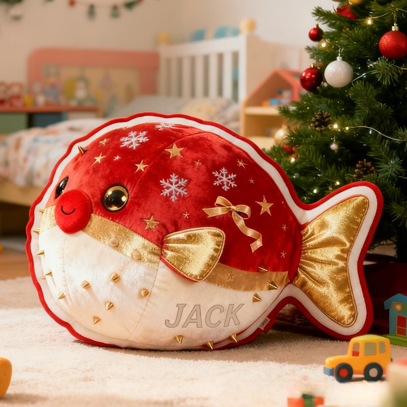 Personalized Christmas Red Pufferfish with Name Graphic 3D Print Pillow Christmas Gift for Kids Birthday Gift