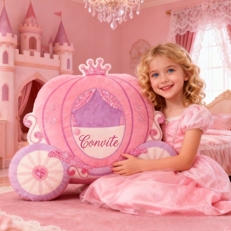 Personalized Pink Princess Pumpkin Carriage with Name Graphic 3D Print Pillow Christmas Gift for Kids 
