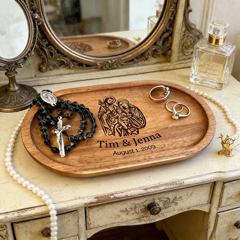 Personalized Holy Family Wooden Rosary Tray Jewelry Holder with Custom Name and Date Religious Gift Anniversary Wedding Gift Catholic Gift