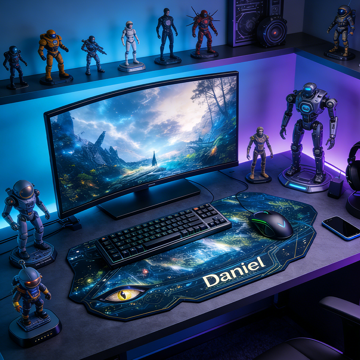 Personalized Custom Cosmic Dragon Eye Extended Mouse Pad Personalized Irregular Galaxy Desk Mat Sci-Fi Fantasy Gamer Accessory