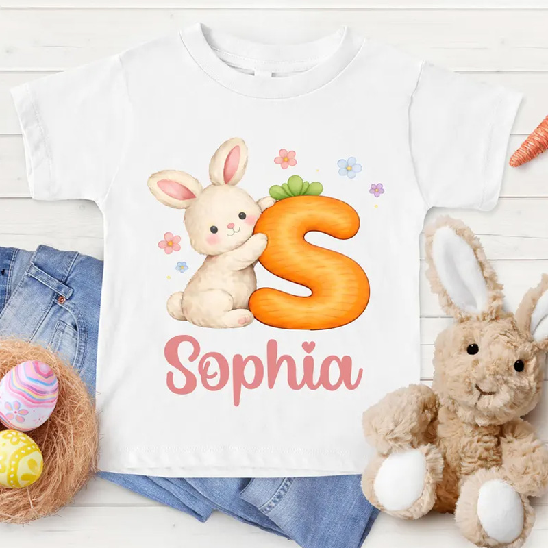 Personalized Easter Bunny Carrot Letter Custom Name Cute Spring Celebration Gift Kid T-shirt