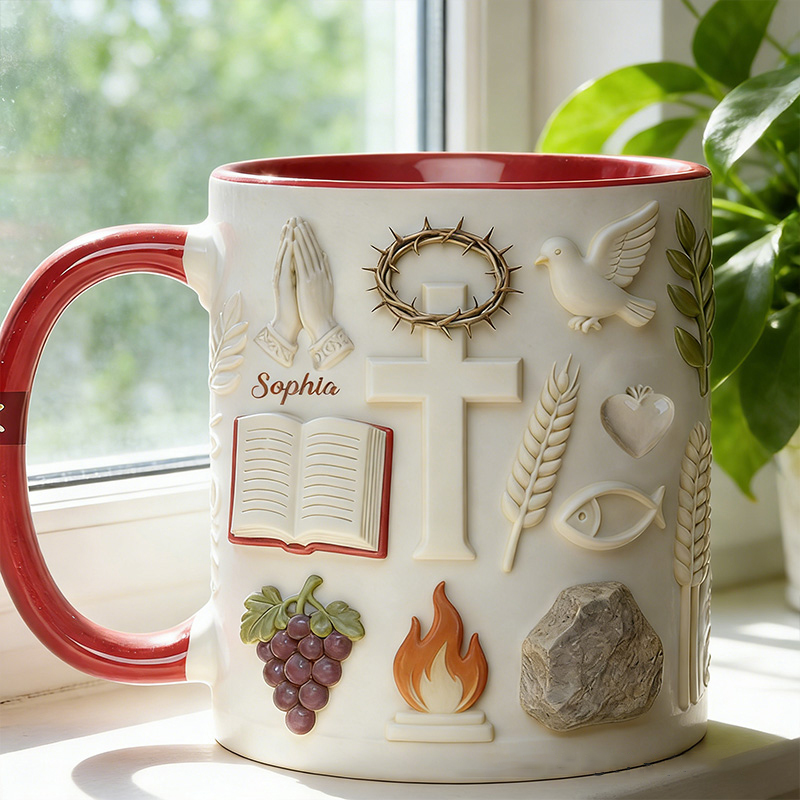 Personalized Faith over Fear 11oz Ceramic Mug with Name Cross Bible Prayer Hand 3D Coffee Cup Religious Gift for Christians