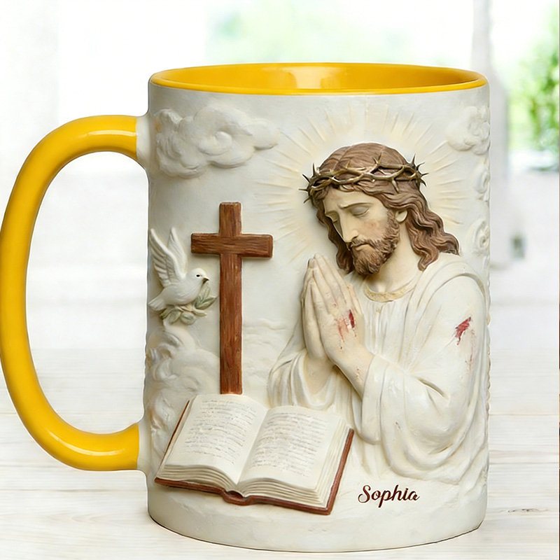 Personalized Jesus Pray 11oz Ceramic Mug with Custom Name 3D Design Coffee Cup Religious Gift Faith Gift for Christians