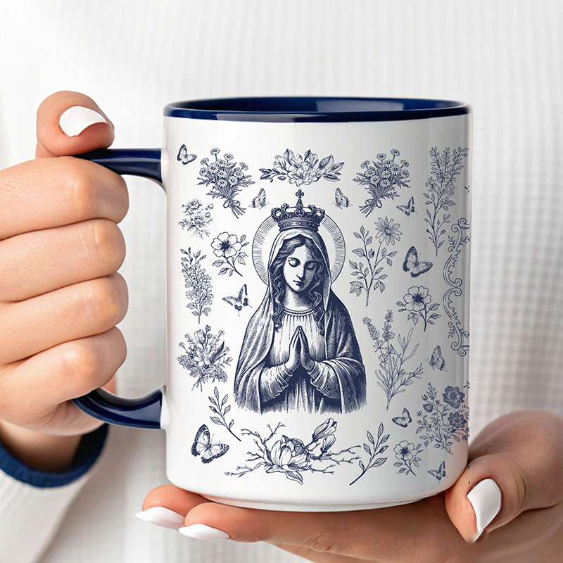 Personalized Virgin Mary Toile 11oz Ceramic Mug with Name Our Lady Mug Vintage Floral Marian Coffee Cup Catholic Christian Gift for her