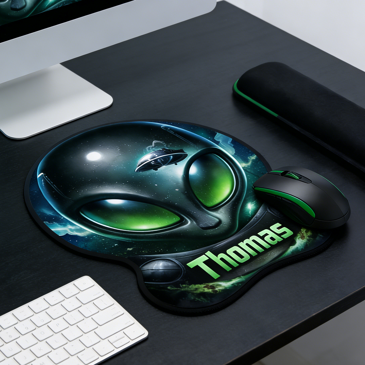 Personalized Custom Alien Head Irregular Mouse Pad Personalized UFO Sci-Fi Gaming Desk Mat Extraterrestrial Gamer Accessory