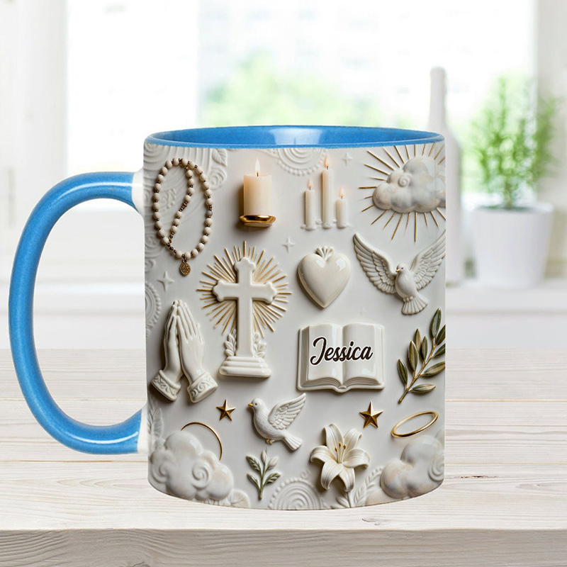 Personalized Cross Bible Dove 11oz Ceramic Mug with Name Prayer Hand 3D Coffee Cup Religious Gift Faith Gift for Christians