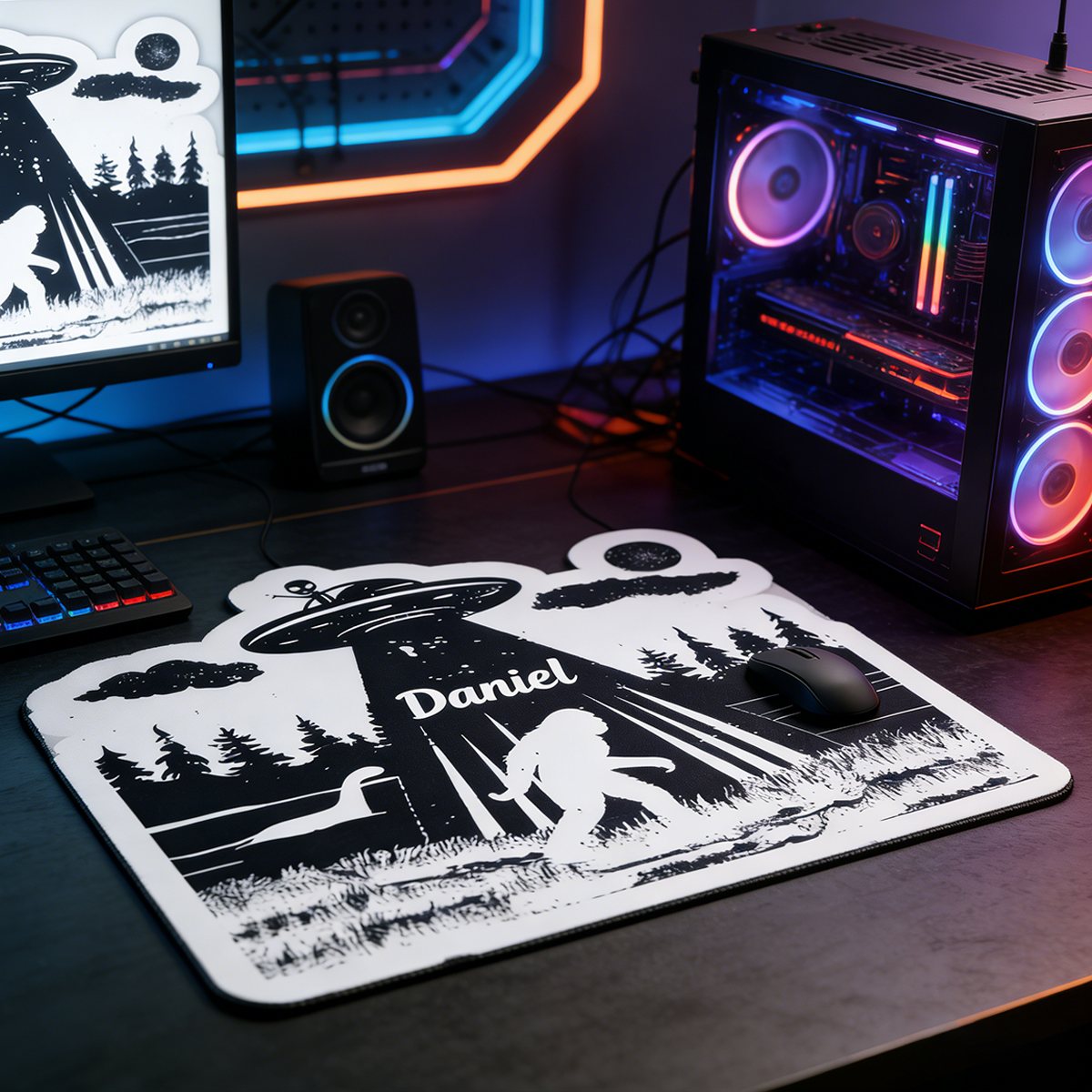 Personalized Custom UFO Bigfoot Irregular Mouse Pad Personalized Cryptid Conspiracy Desk Mat Retro Alien Abduction Gamer Accessory