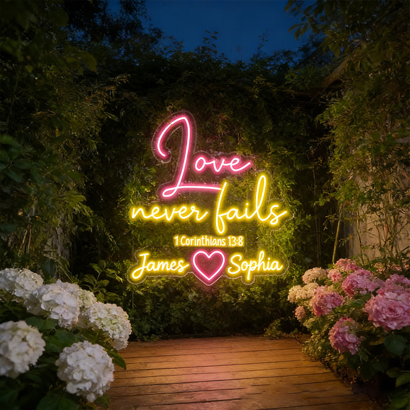 Personalized Love Never Fails Neon Sign with Custom Names Bible Verse Neon Sign Wedding Anniversary Gift Valentine's Day Decor Religious Gift for Couple