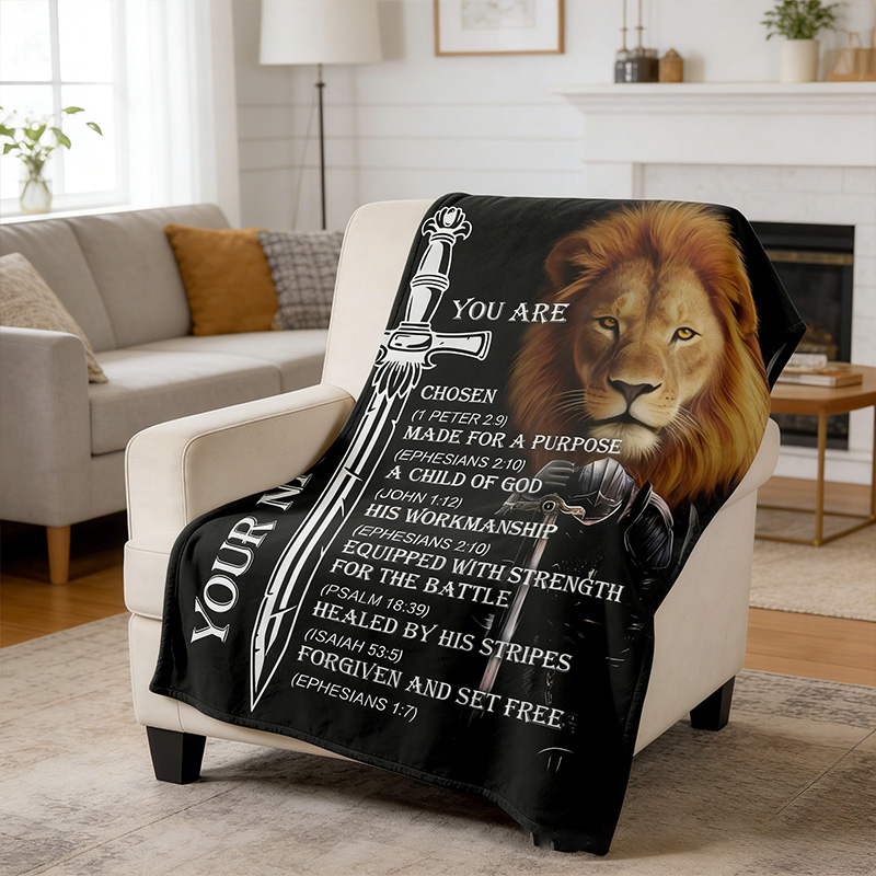 Personalized Lion of Judah You are Bible Verse Throw Blanket with Custom Name Cross Lion Home Decor Religious Gift Christian Gift for Men 