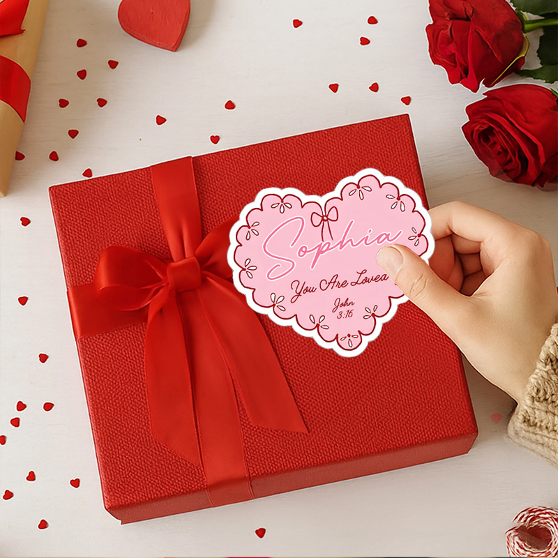 Personalized Pink Bow Heart you are Loved Bible Verse Stickers with Name Religious Gift Valentine's Day Gift for Couple Woman