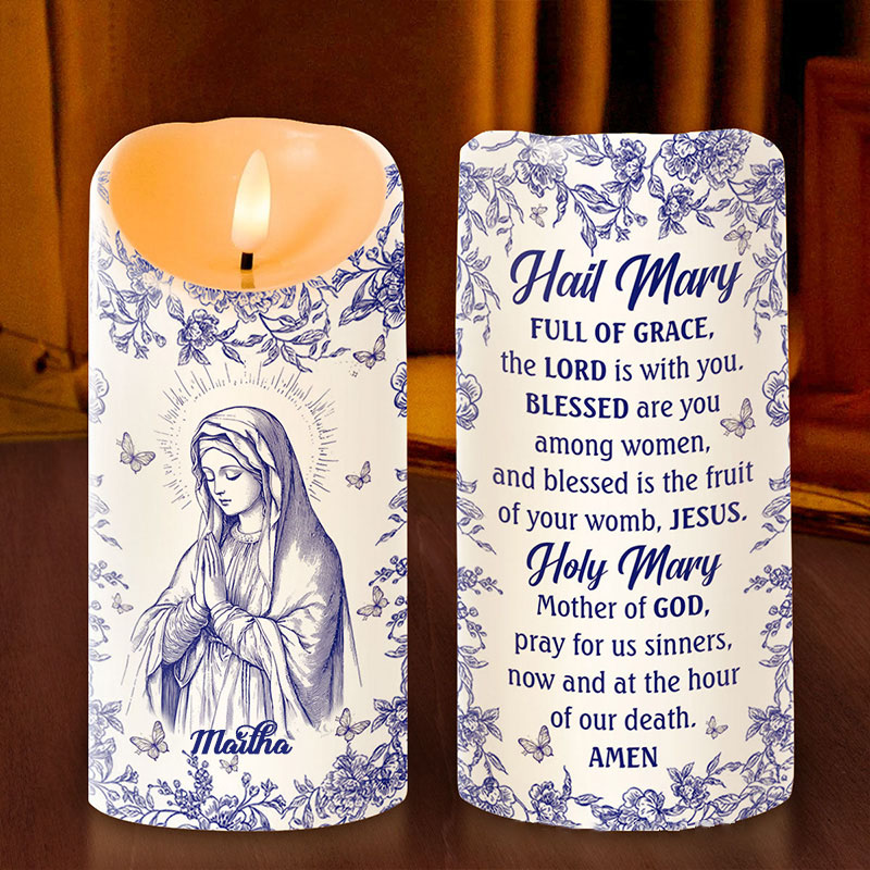 Personalized Hail Mary Prayer Virgin Mary Flameless LED Candle with Name Religious Decor Prayer Faith Gift Catholic Gift for her