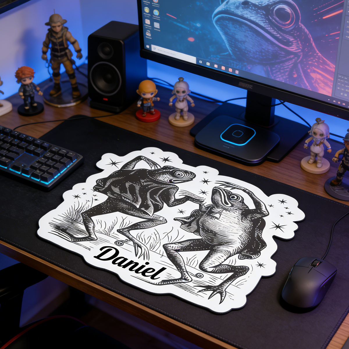 Personalized Custom Vintage Fighting Frogs Irregular Mouse Pad Personalized Gothic Toad Desk Mat Whimsical Dark Art Gamer Accessory