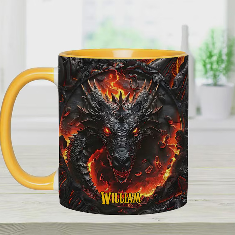 Personalized Fire Dragon Fantasy Coffee Mug with Names Mythical Creature Gift for Geek Lover