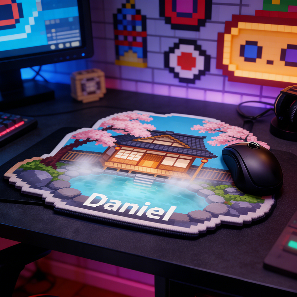 Personalized Custom Pixel Art Japanese Onsen Mouse Pad Personalized Retro 8-Bit Desk Mat Cherry Blossom Spa Gamer Accessory