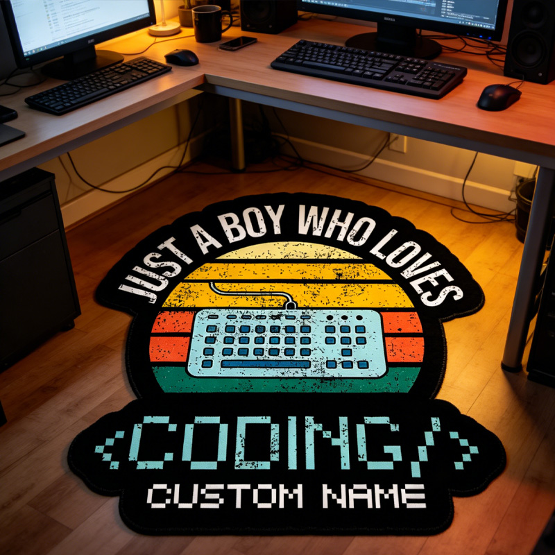 Personalized Retro IT Just A Boy Who Loves Coding Graphic Rug Doormat Kids Nerd Bedroom Playroom Rug Gifts for Geek Lover