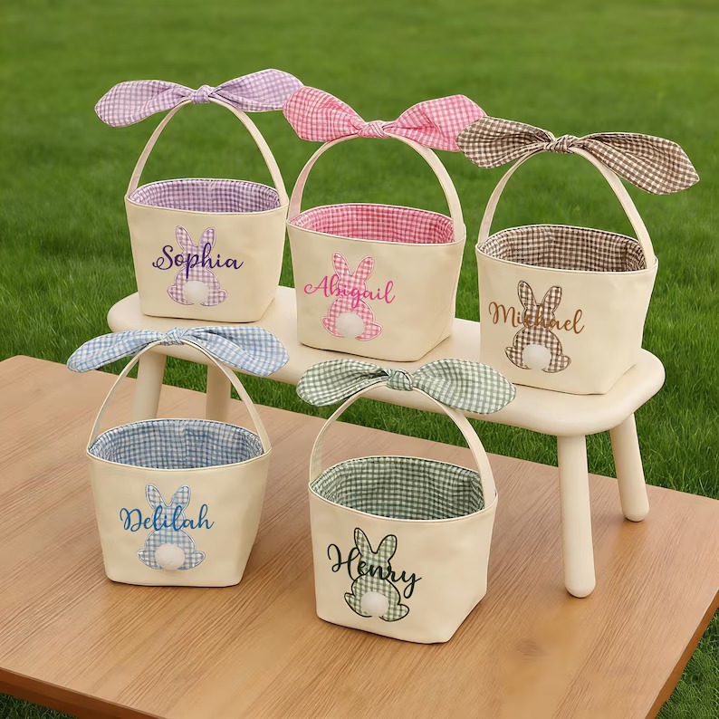 Personalized Easter Basket Embroidered Name Bunny Rabbit Basket Easter Egg Hunt Basket Easter Gift for Kid