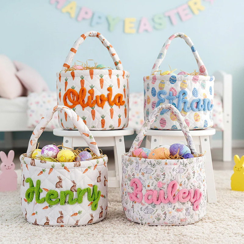 Personalized Easter Basket Quilted Spring Egg Hunt Bucket Boys Girls Bunny Easter Baskets gift for kids Custom Name Basket Easter Decor