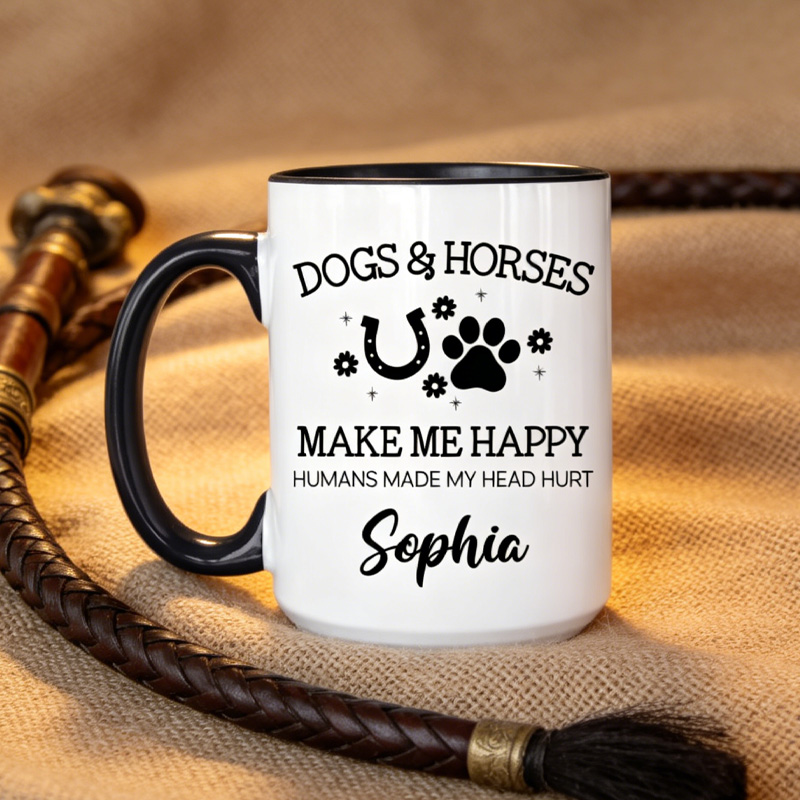 Personalized Dogs and Horses Make Me Happy Mug for Equestrian Horse Riding Lovers