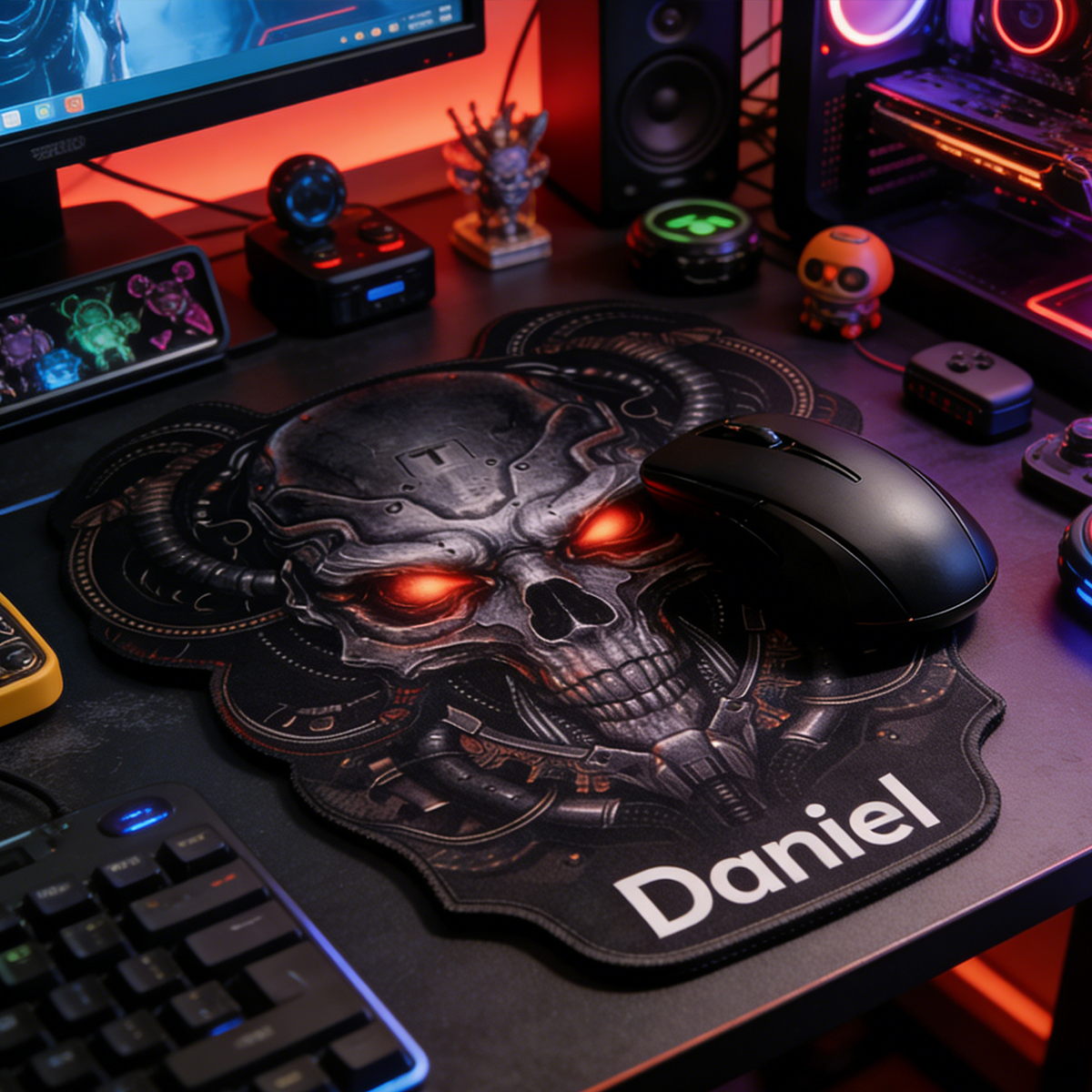 Personalized Custom Cyberpunk Skull Irregular Mouse Pad Personalized Sci-Fi Horror Desk Mat Red Eyes Gamer Accessory