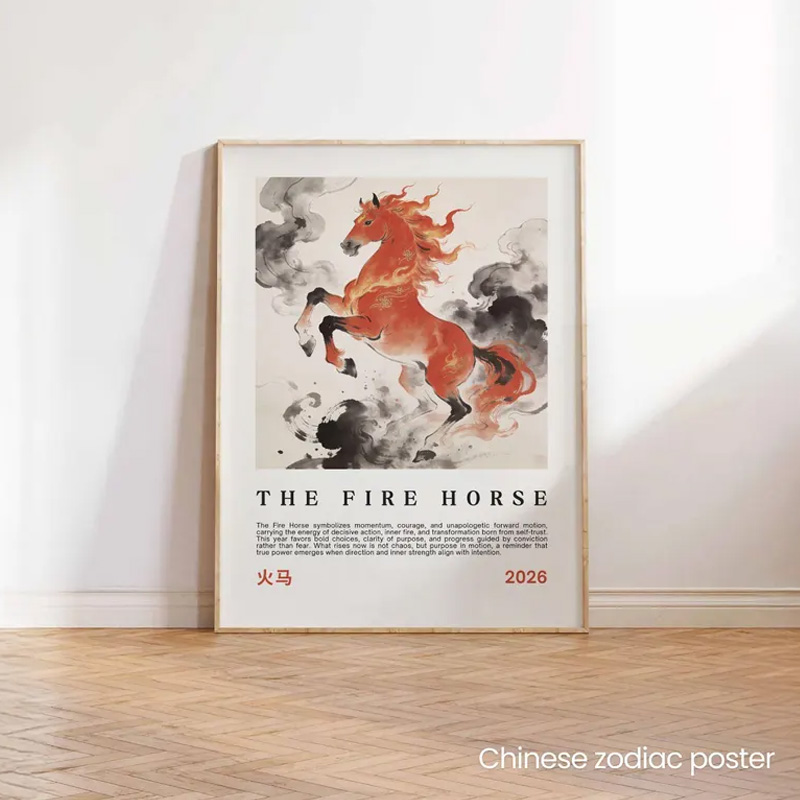 Personalized Chinese Zodiac Poster Fire Horse Print Portrait Equestrian Art Print Wall Decor Home Decor Gift for Riding Lover
