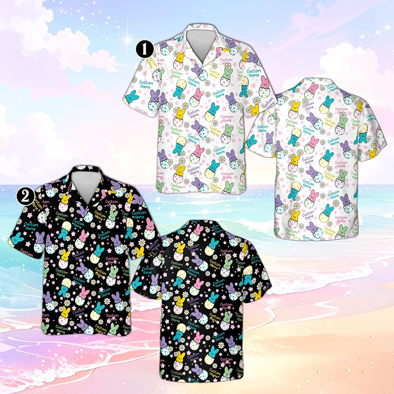 Personalized Easter Bunny Hawaiian Shirt with Name Custom Bunny Egg Shirt for Men Cute Spring Floral Rabbit Pattern Easter Gift for Husband Boyfriend