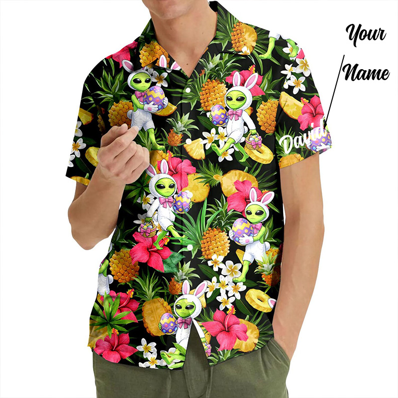 Personalized Alien Pineapple Hawaiian Shirt For Men Tropical Alien Bunny Easter Shirts Easter Gift for Him Husband Boyfriend