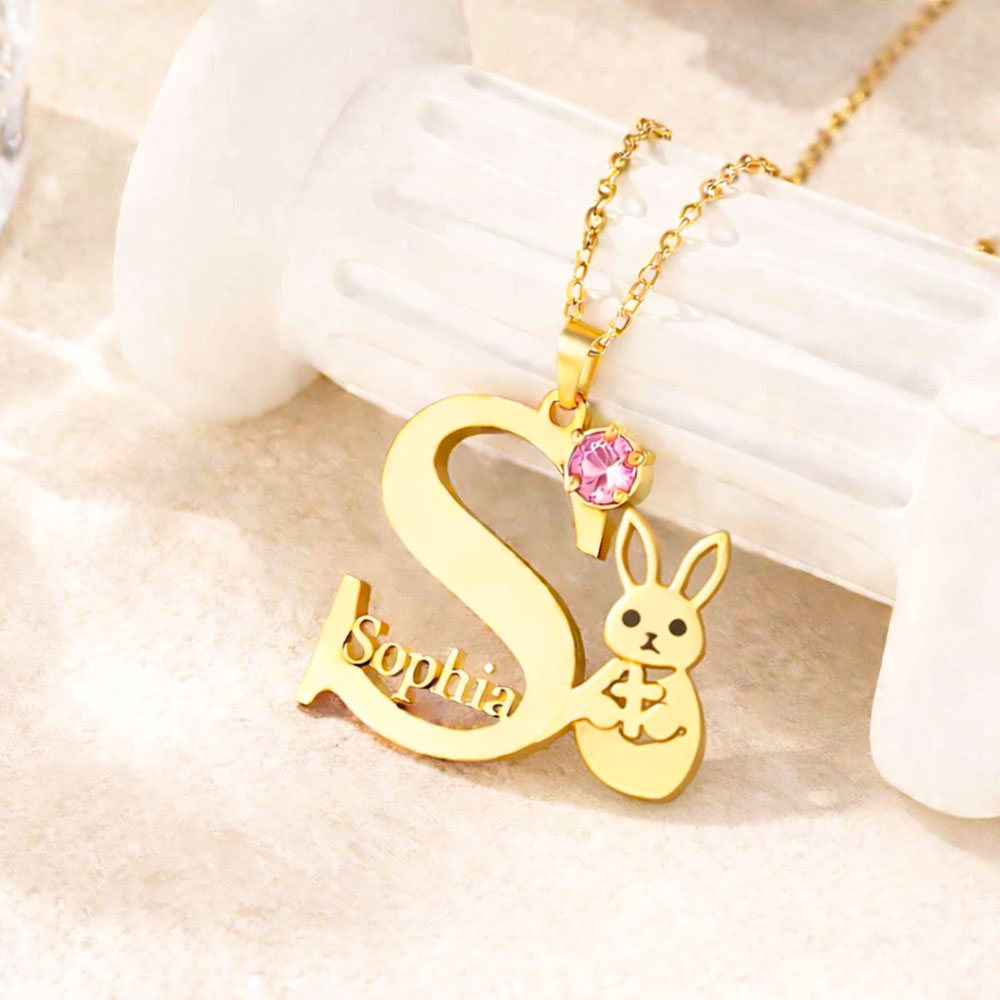 Kids Easter Bunny Birthstone Necklace Birthday Gift for Kids Personalized Jewelry Gifts