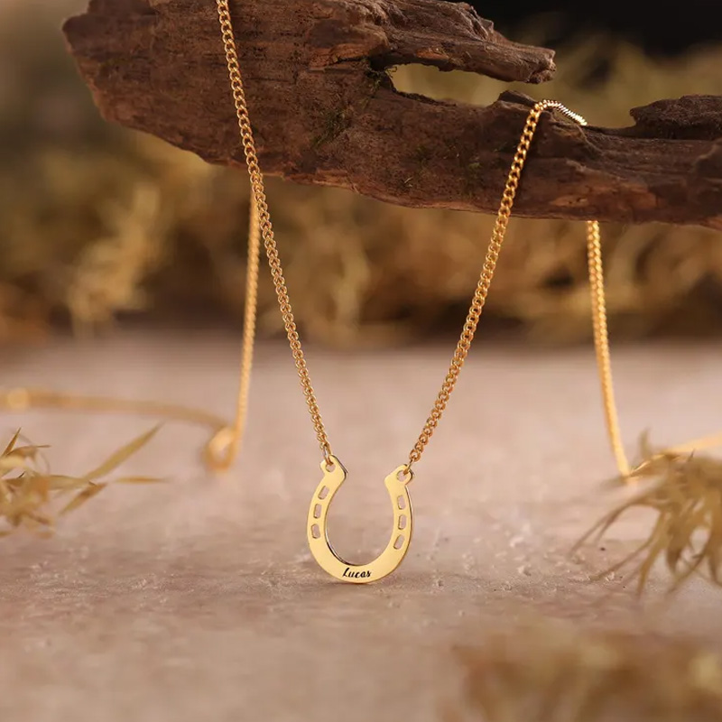 Personalized Horseshoe Charm Necklace with Name Jewelry Cube Gift for Equestrian Riding Lovers