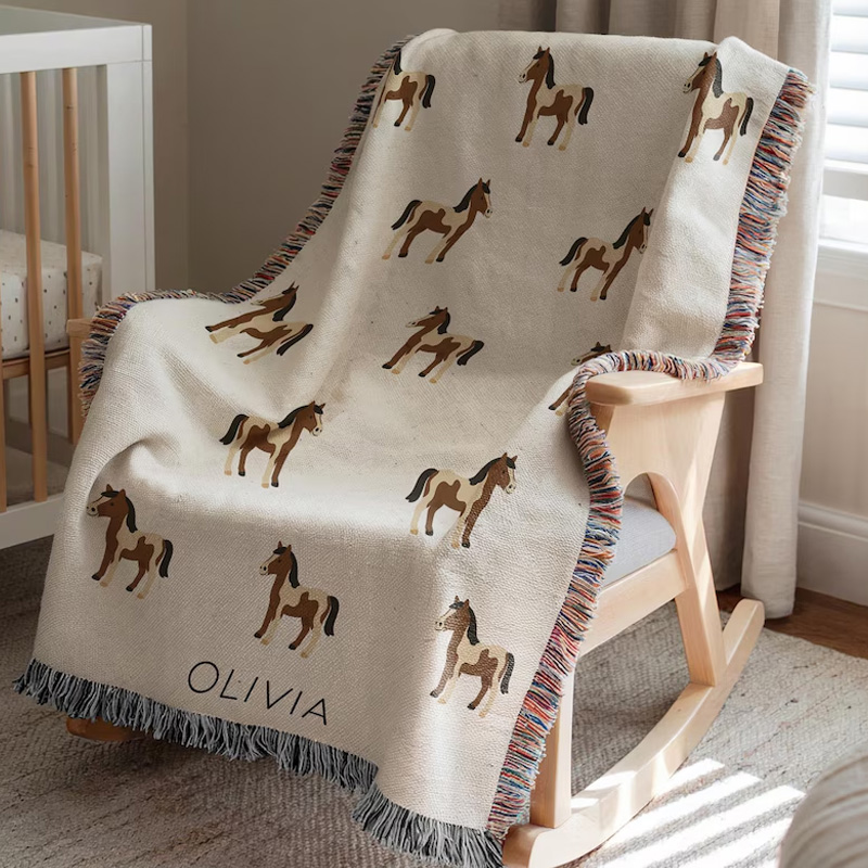 Personalized Pinto Paint Horse Kids Blanket Custom Name Cowboy Pony Throw for Equestrian Riding Lovers