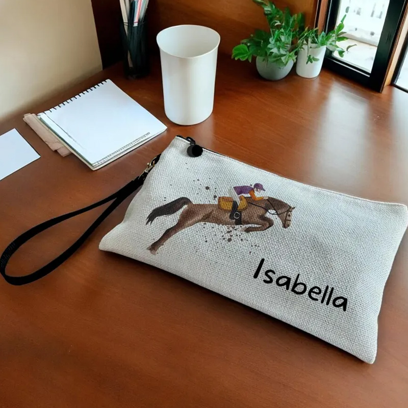 Personalized Brown Horse Makeup Bag Pencil Case Equestrian Cosmetic Bag Horse Lover Gift Linen Zipper Pouch for Riding Lovers