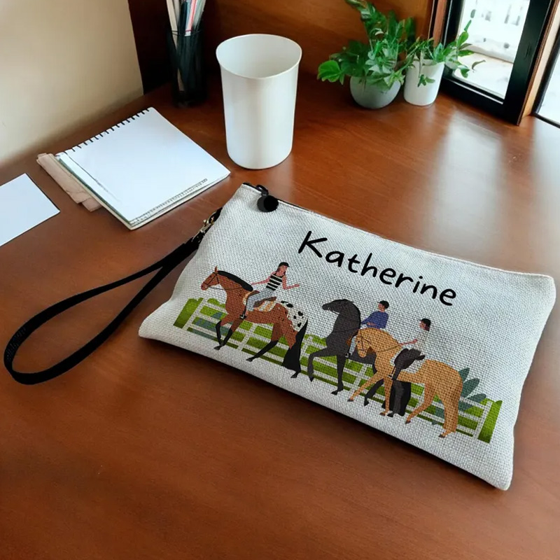 Personalized Horse Makeup Bag Pencil Case Equestrian Cosmetic Bag Horse Lover Gift Linen Zipper Pouch for Riding Lovers