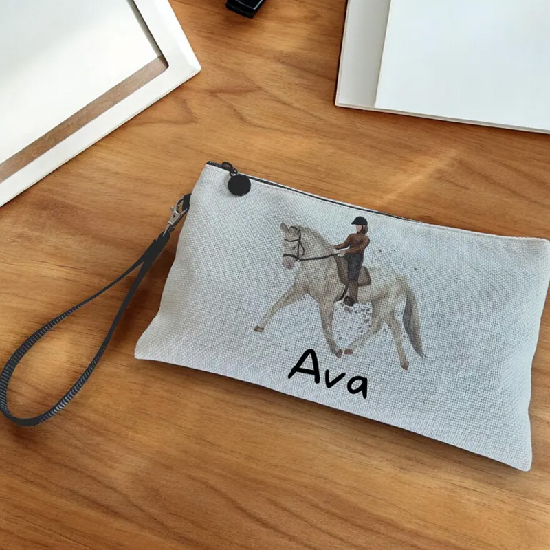 Personalized Horse Riding Makeup Bag Pencil Case Equestrian Cosmetic Bag Horse Lover Gift Linen Zipper Pouch for Riding Lovers