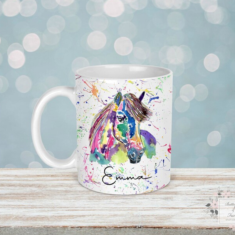 Personalized Rainbow Horse Mug French Countryside Coffee Cup Ceramic Mug Gift for Riding Lovers Equestrian Lovers