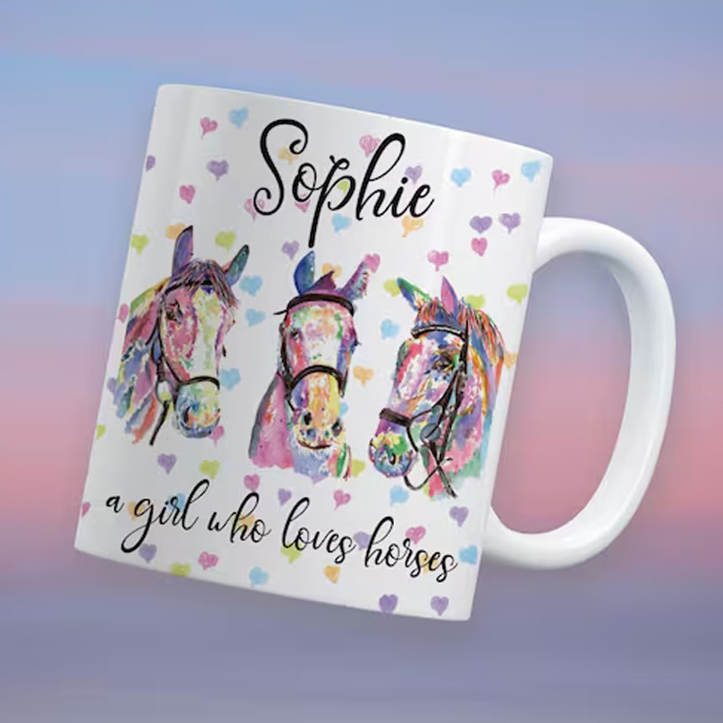 Personalized Girl Loves Horses with Pastel Love Heart Background Water Colour Ceramic Mug Gift for Riding Lovers Equestrian Lovers