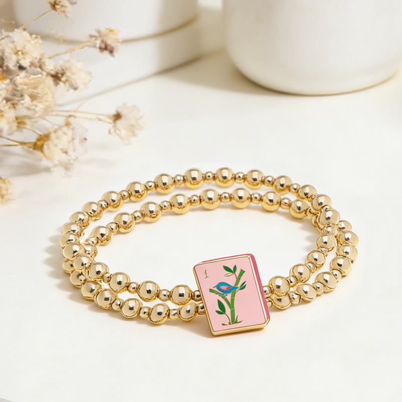 Mahjong 2 Row Ball Bead Stretch Bracelet in Shiny Gold