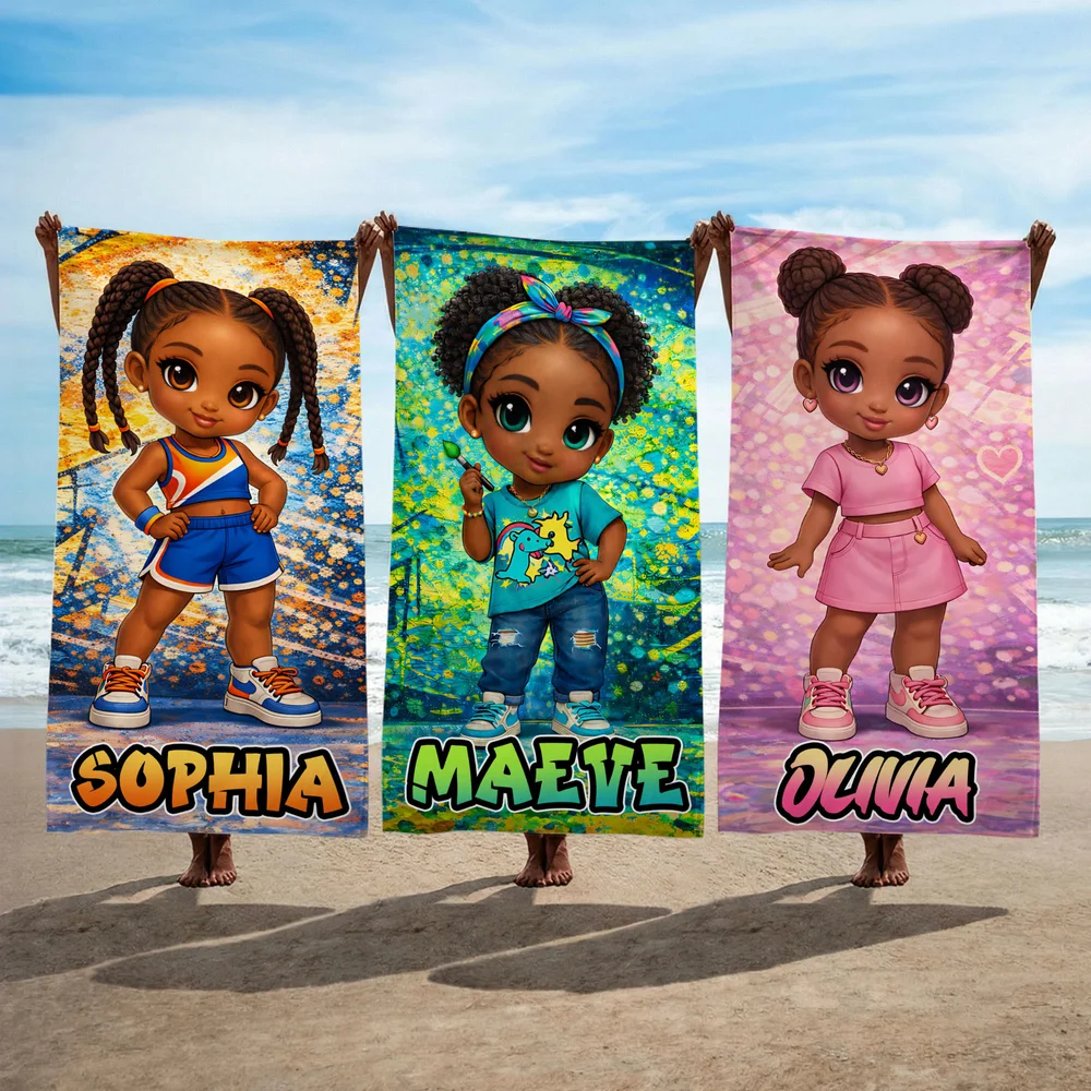 Personalized Cartoon Black Girl Quick Dry Oversized Beach Towel with Name Beach Party Birthday Gift for Girl 