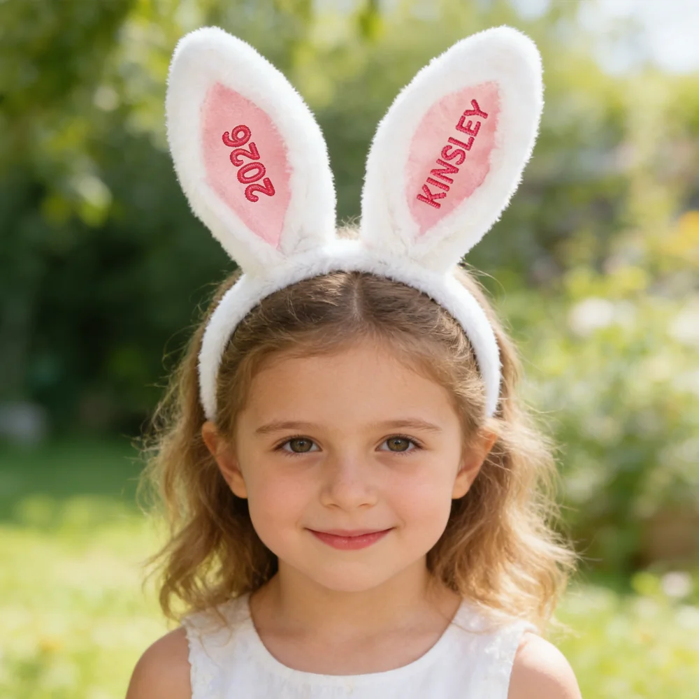 Personalized Cute Rabbit Ears Hairband with Embroidery Name and Year Easter Party Birthday Gift for Kids
