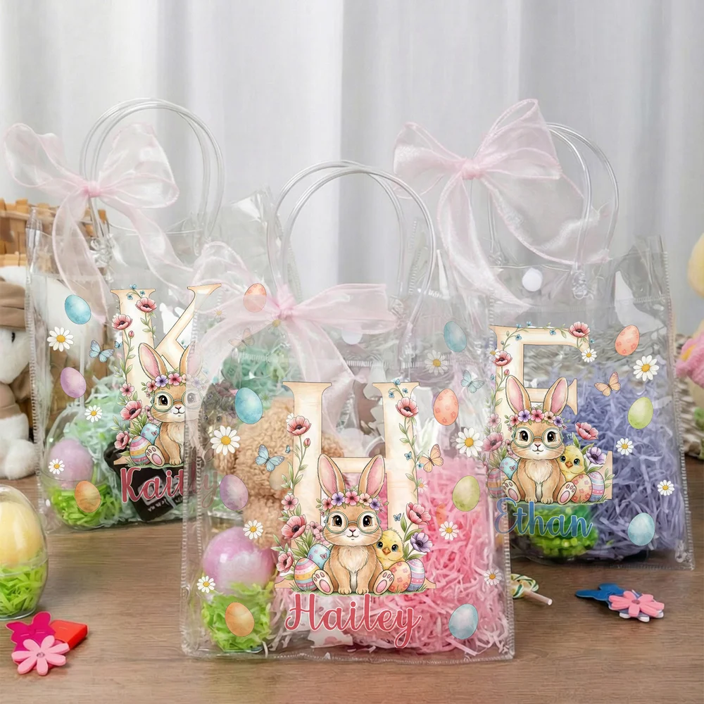 Personalized Pink Bow Ribbon Colorful Easter Eggs Rabbit Chicks Clear Gift Bag with Name and Initial Easter Party Favors Gift for Kids
