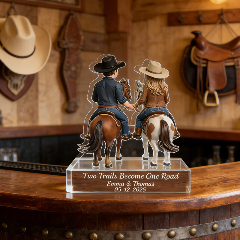 Personalized Cowboy Couple Horse Riding Acrylic Plaque Two Trails Become One Road Anniversary Gift for Riding Lovers