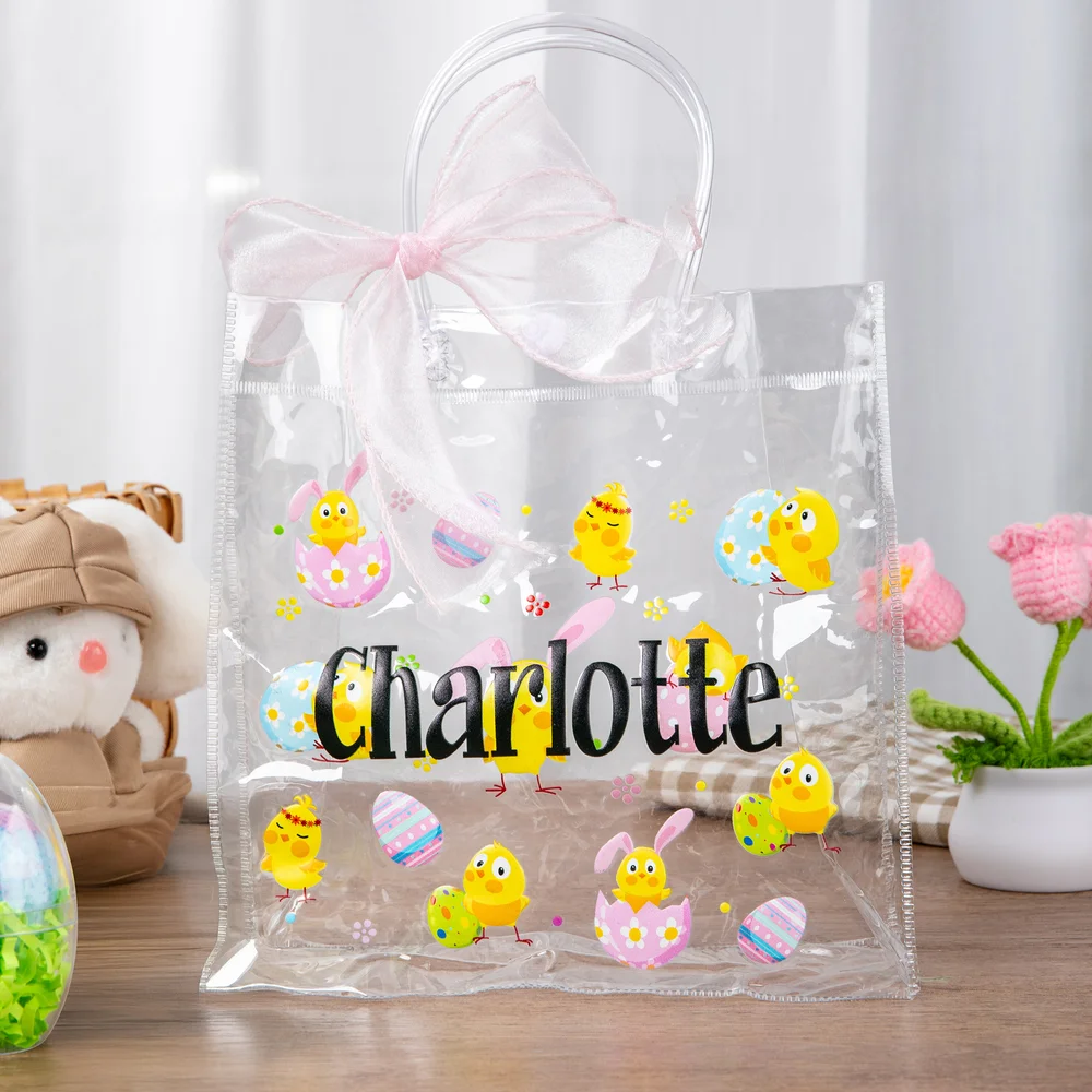 Personalized Pink Bow Ribbon Colorful Easter Eggs Chicks Clear Gift Bag with Name Holiday Treat Packaging Easter Party Favors Gift for Kids