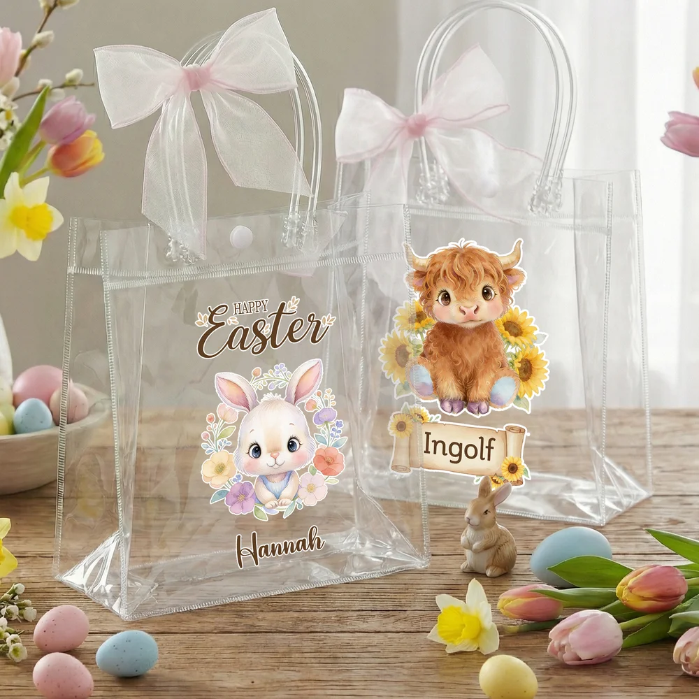 Personalized Floral Animals Clear Gift Bag with Name and Pink Bow Ribbon Holiday Treat Packaging Easter Party Favors Gift for Kids