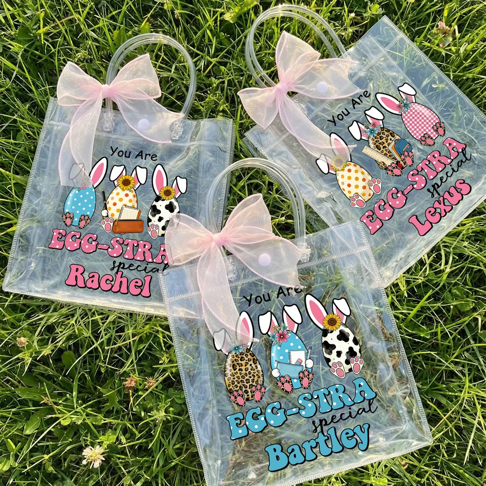 Personalized Cute Easter Eggs Clear Gift Bag with Name and Pink Bow Ribbon Easter Party Favors Gift for Kids