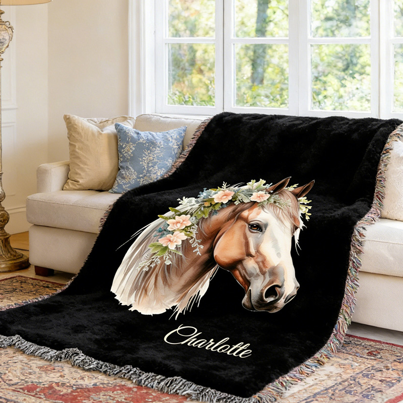 Personalized Horse Woven Blanket with Floral Crown for Equestrian Riding Lovers