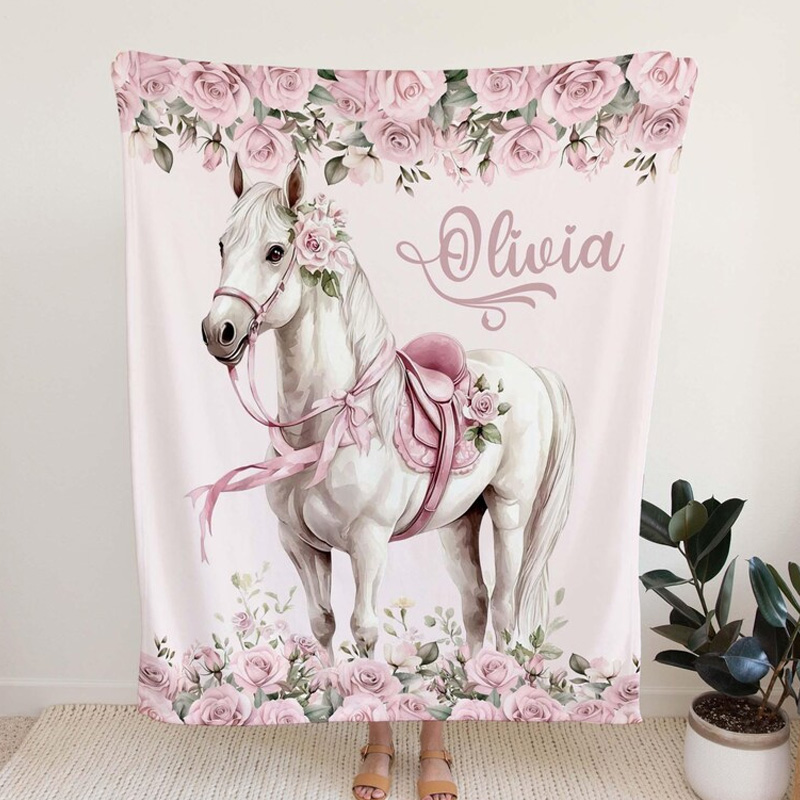 Personalized Pink Rose Floral Baby Throw Blanket Gift for Riding Lovers Equestrian Lovers