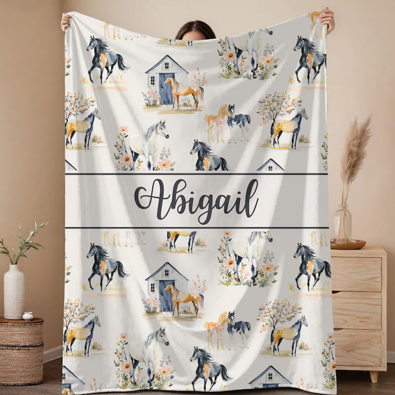 Personalized Horse and Flowers Design Throw Blanket Gift for Riding Lovers Equestrian Lovers